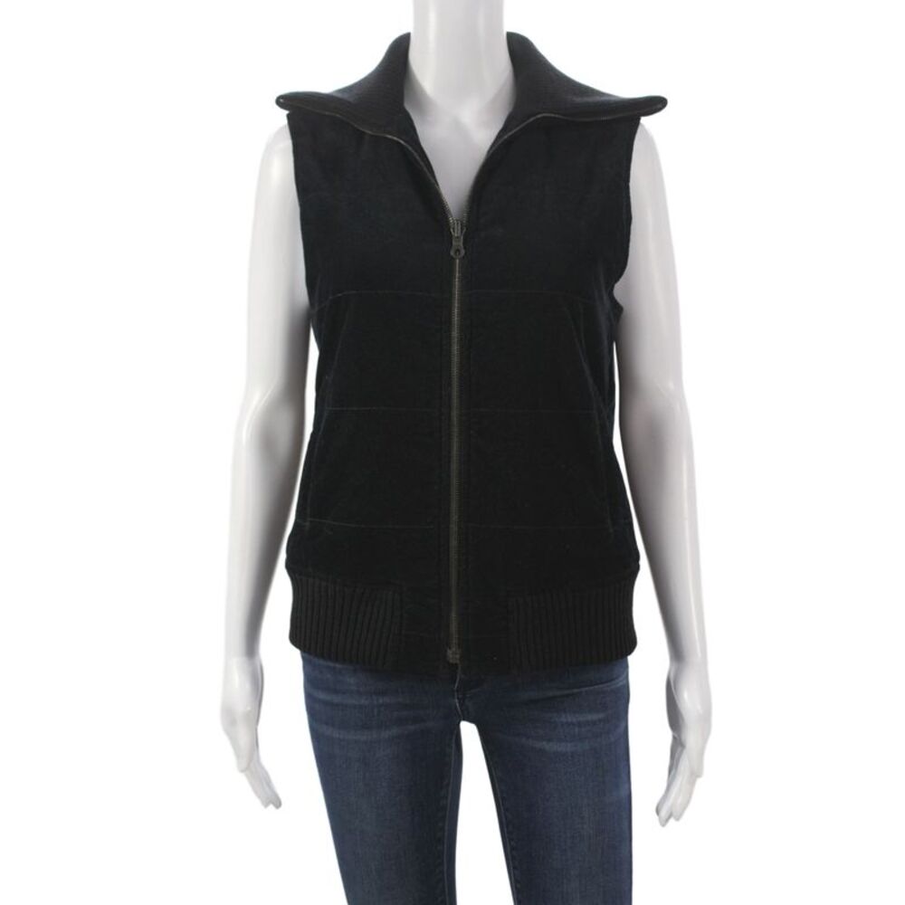 Theory Women Sleeveless Collared Zip Cotton Vest Black Classic Size M